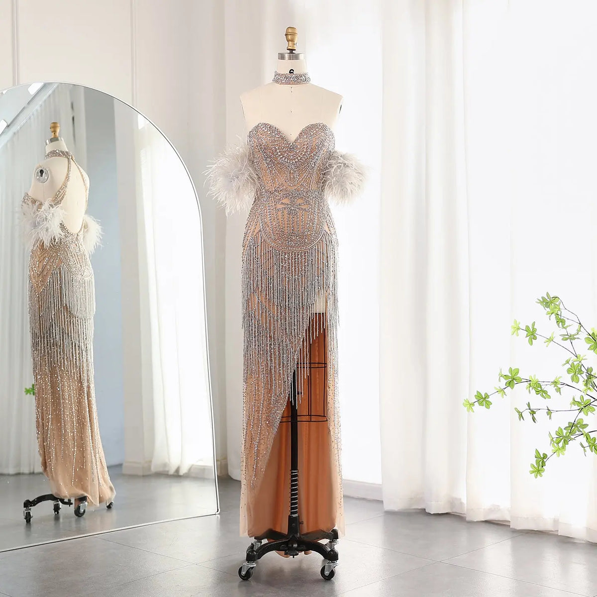 Luxury Tassel Feather Silver Nude Evening Dress SS187 Luxury Tassel Feather Silver Nude Evening Dress SS187