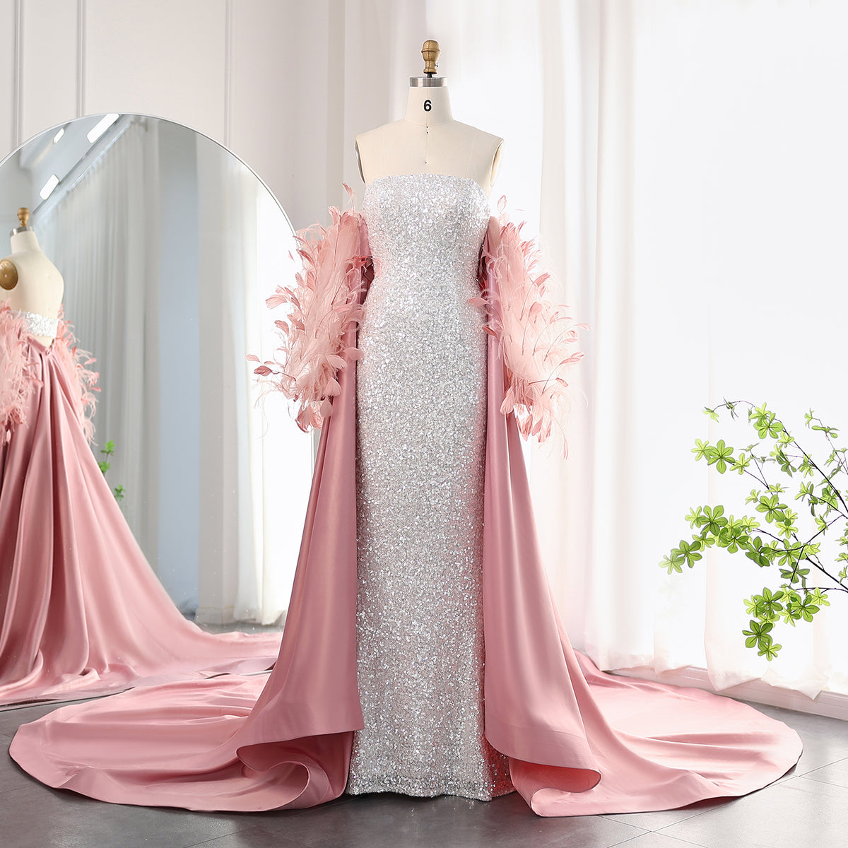 Sharon Said Luxus Federn Weiß Pailletten Meerjungfrau Abendkleid mit Cape Lange Ärmel Dubai Arabisch Hochzeit Party Kleid SS235