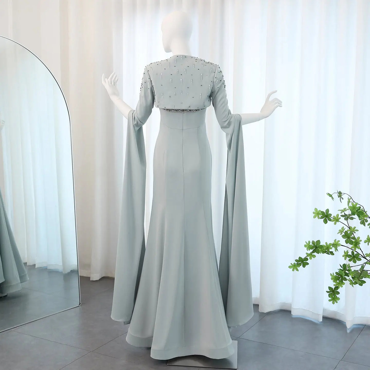 silver sage wedding dress Dusty Sage Cape Mermaid Sequin Floor length Silver Beaded Evening Dresses