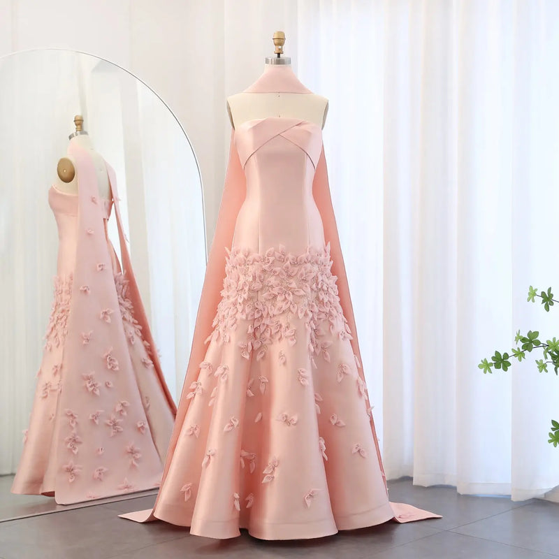 Luxury 3D Leaves Pink Satin Evening Dress with Cape SS463 