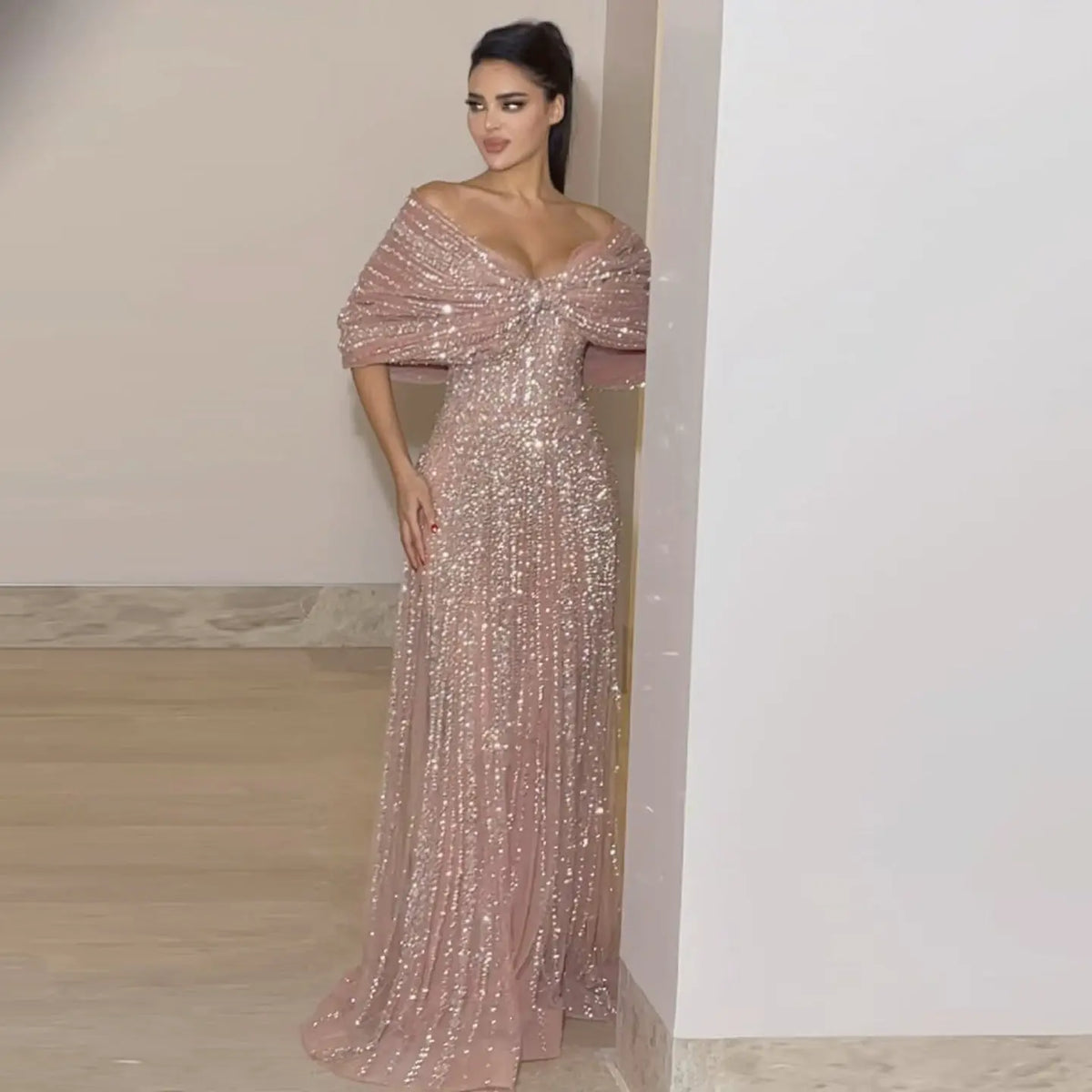 Sparkly Blush Pink Off Shoulder Evening Dress SS653 