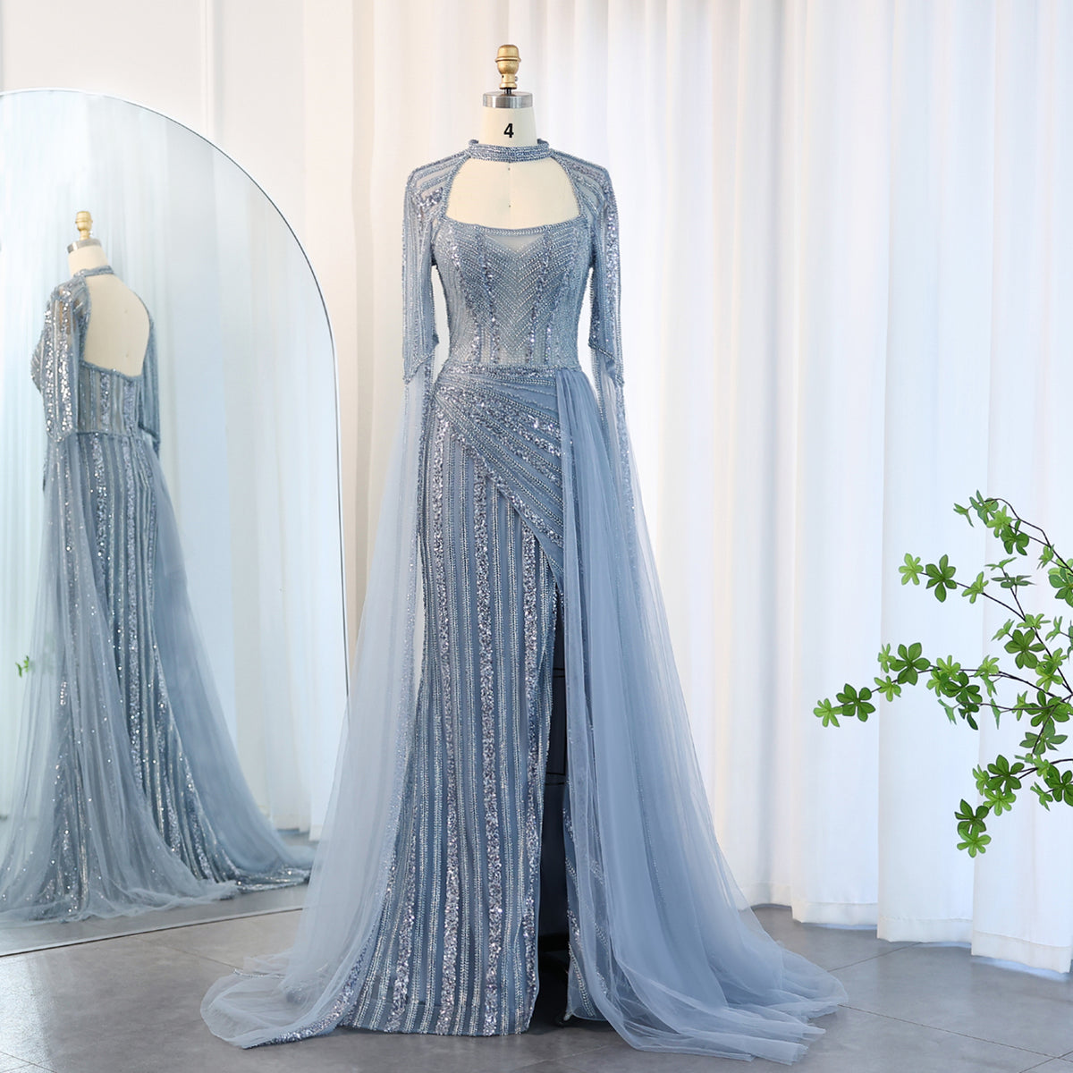 Sharon Said Luxus Meerjungfrau Blau Abendkleid mit Cape Ärmeln Schlitz Elegante Gelb Rosa Frauen Hochzeit Party Kleider SS003