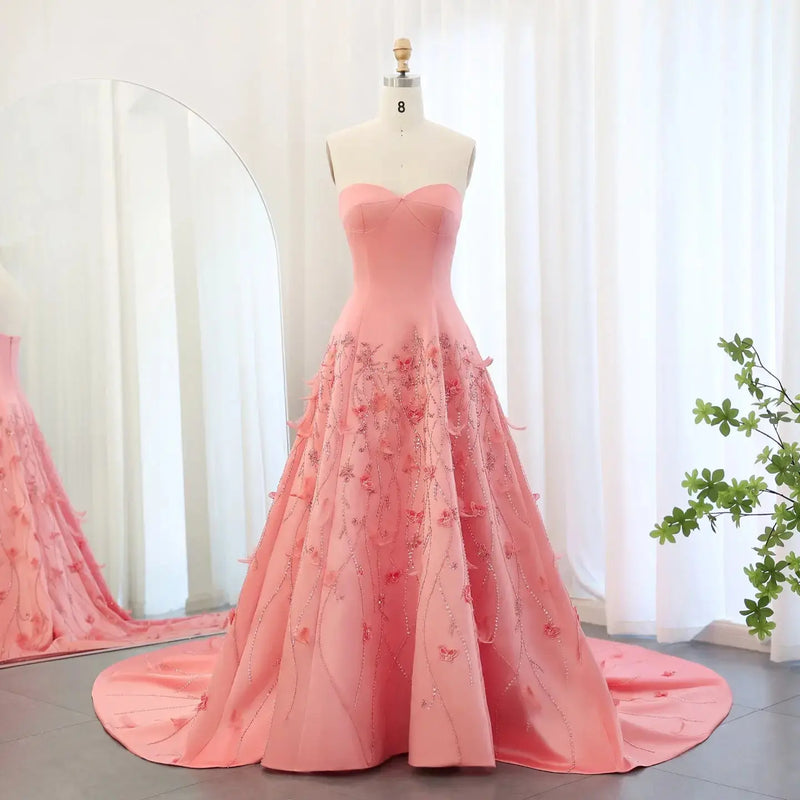 Luxury 3D Flowers Feathers Coral Pink Evening Dress SS470 