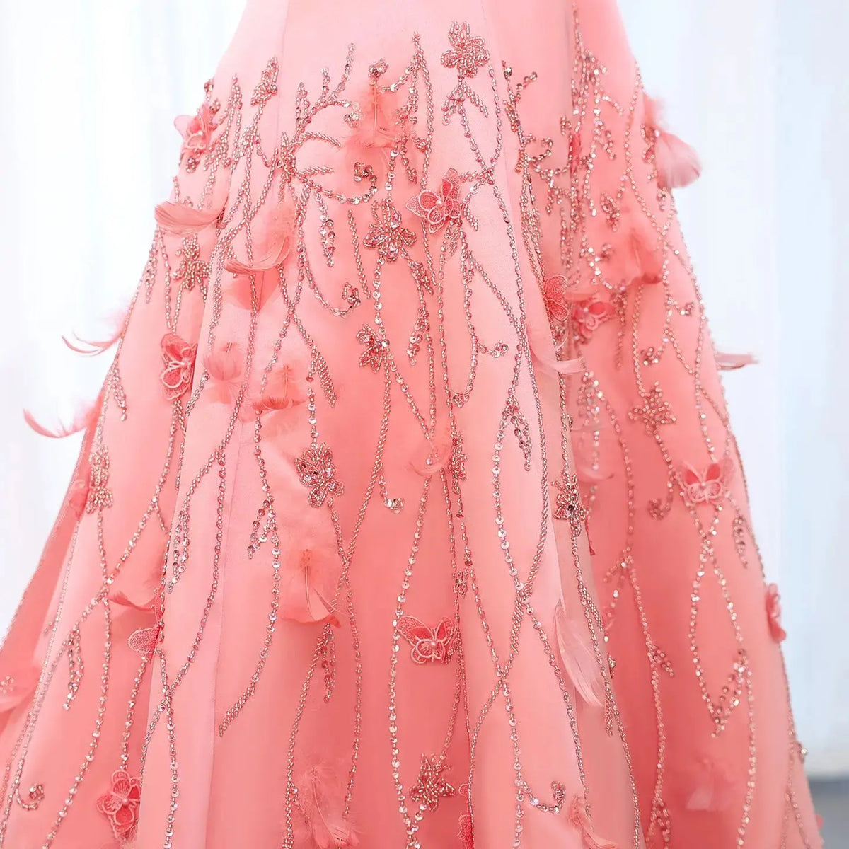 Luxury 3D Flowers Feathers Coral Pink Evening Dress SS470 Luxury 3D Flowers Feathers Coral Pink Evening Dress SS470