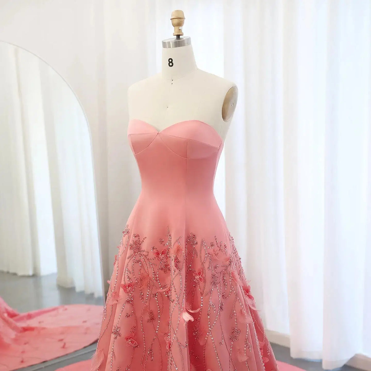 Luxury 3D Flowers Feathers Coral Pink Evening Dress Ss470 Luxury 3D Flowers Feathers Coral Pink Evening Dress Ss470