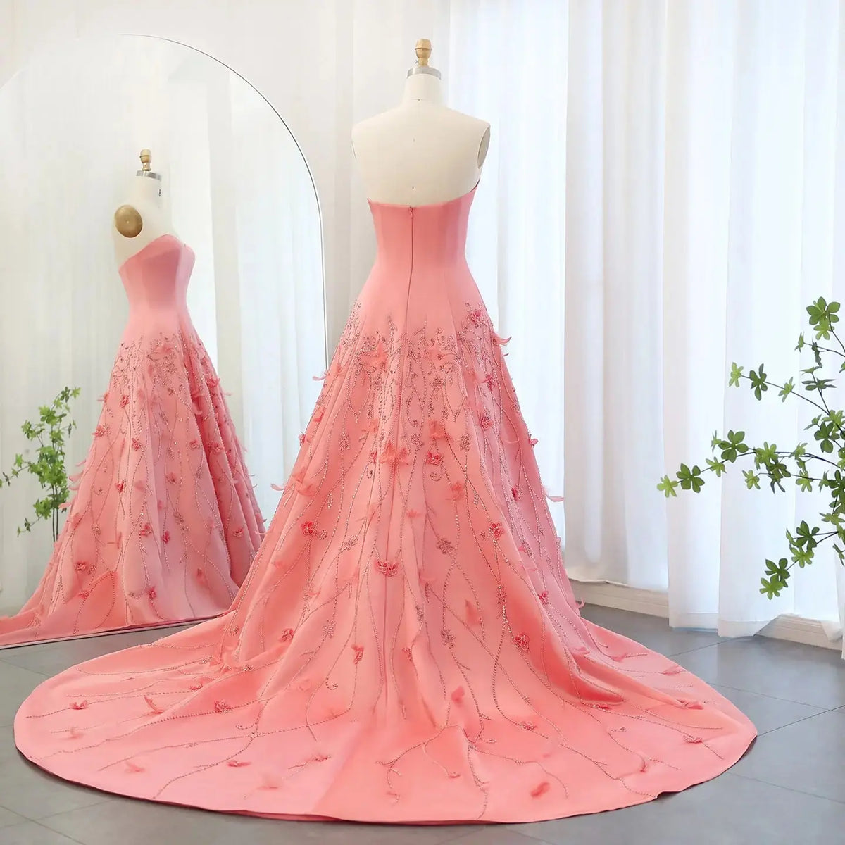 Luxury 3D Flowers Feathers Coral Pink Evening Dress SS470 - SHARONSAID Luxury 3D Flowers Feathers Coral Pink Evening Dress SS470 - SHARONSAID