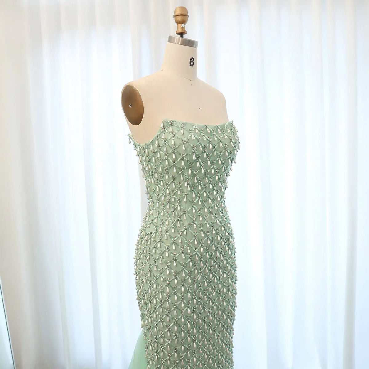Luxury Crystal Pearls Sage Green Evening Dress with Cape SS431 - SHARONSAID Luxury Crystal Pearls Sage Green Evening Dress with Cape SS431 - SHARONSAID