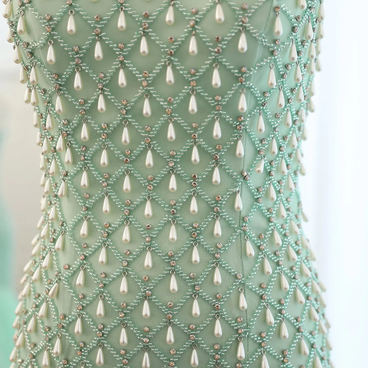 Luxury Crystal Pearls Sage Green Evening Dress with Cape SS431 - SHARONSAID Luxury Crystal Pearls Sage Green Evening Dress with Cape SS431 - SHARONSAID