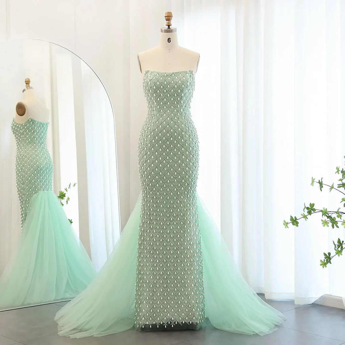 Luxury Crystal Pearls Sage Green Evening Dress with Cape SS431 - SHARONSAID Luxury Crystal Pearls Sage Green Evening Dress with Cape SS431 - SHARONSAID
