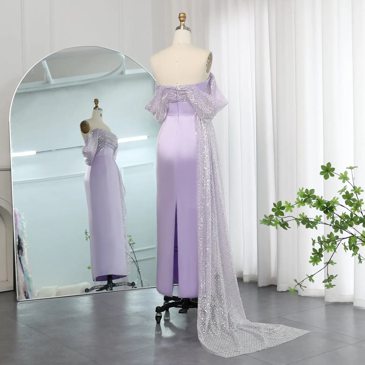 Elegant Off Shoulder Lilac Evening Dress with Overskirt SS340 - SHARONSAID Elegant Off Shoulder Lilac Evening Dress with Overskirt SS340 - SHARONSAID