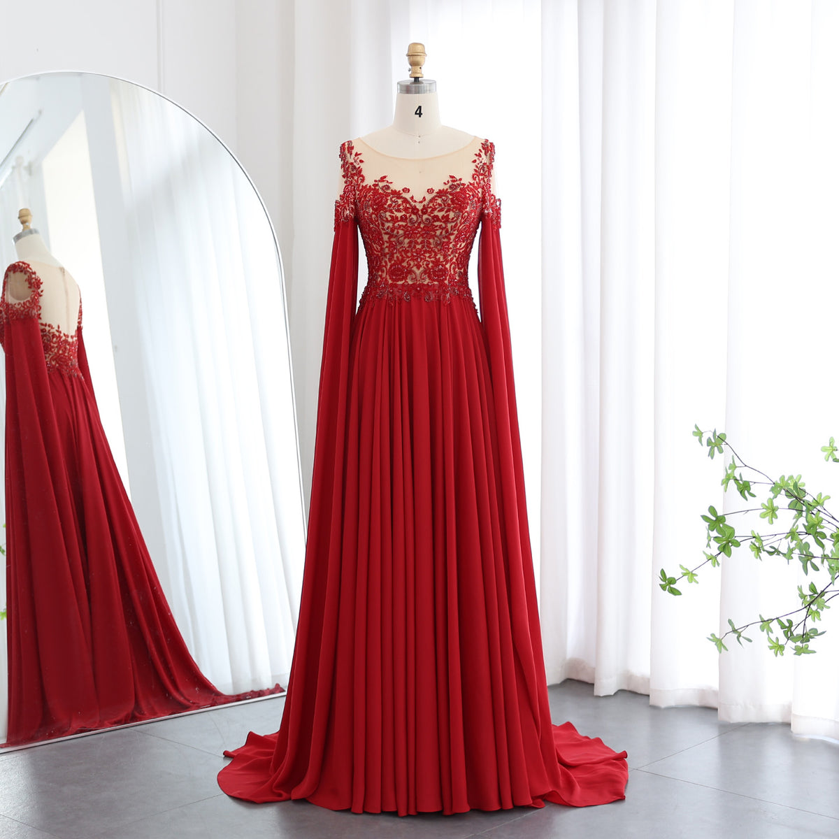 Sharon Said Luxury Beaded Wine Red Chiffon Evening Dress with Cape Sleeve Women for Wedding Dubai Formal Party Gowns SS298