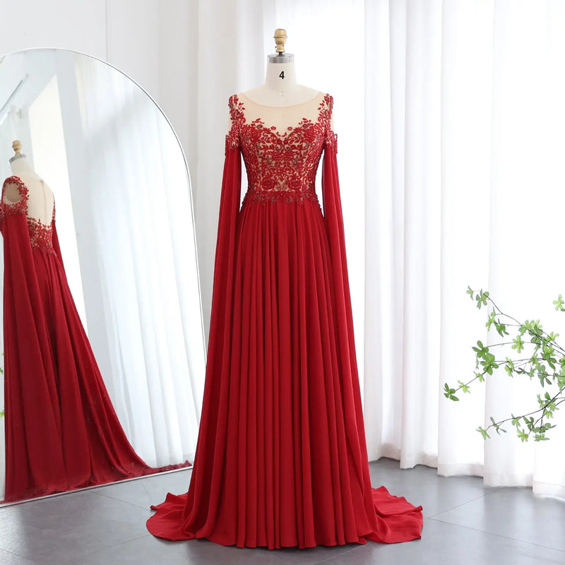 Luxury Beaded Red Chiffon Evening Dress with Cape Sleeve SS298 