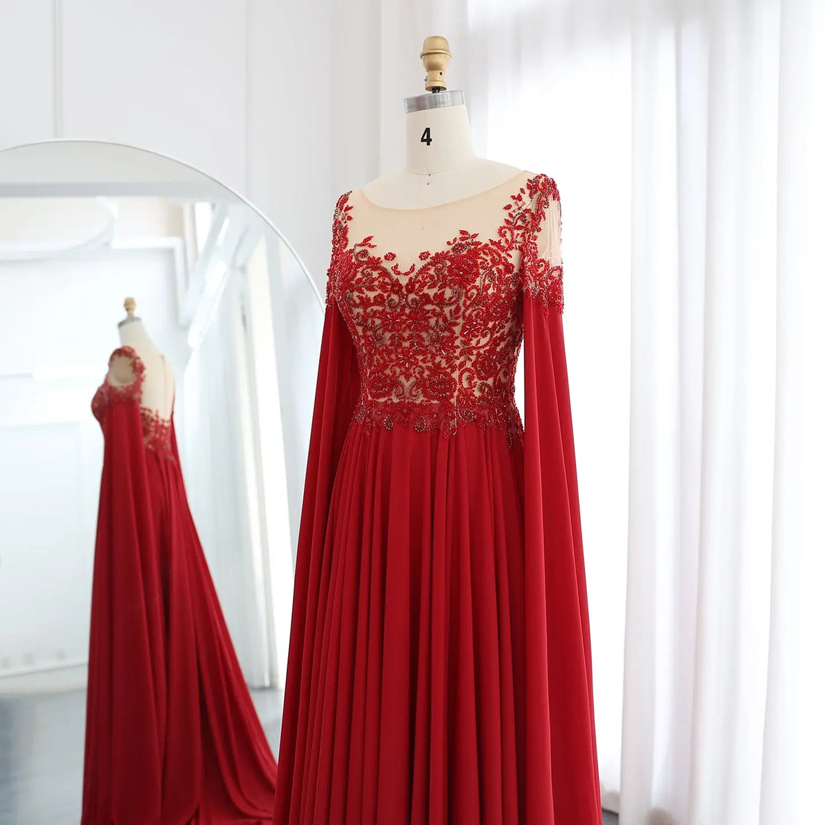 Luxury Beaded Red Chiffon Evening Dress with Cape Sleeve SS298 - SHARONSAID Luxury Beaded Red Chiffon Evening Dress with Cape Sleeve SS298 - SHARONSAID