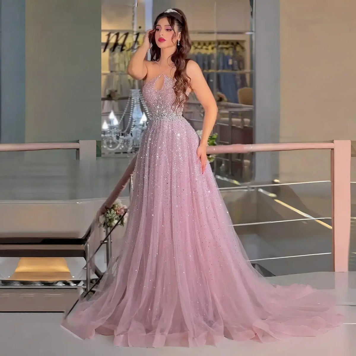 Luxury Dusty Pink Beaded Halter Neck A-Line Evening Dress SS580 