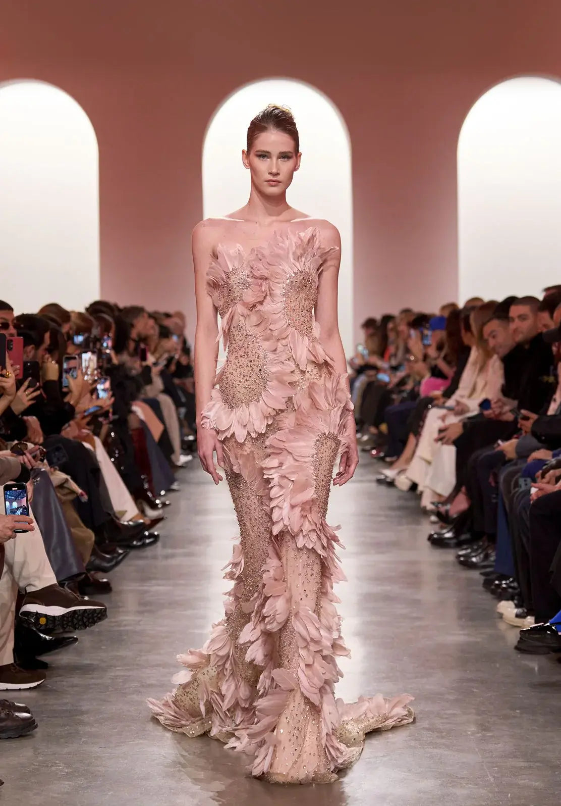 Luxury Pink Off-the-Shoulder Feather Applique Mermaid Evening Dress SS258 