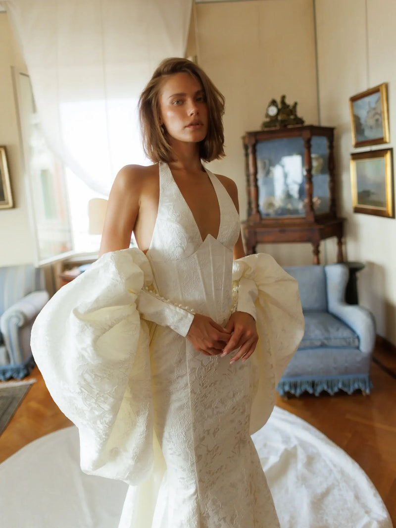 Elegant Halter Neck Puff Sleeve Mermaid Wedding Dress with Train SW188 