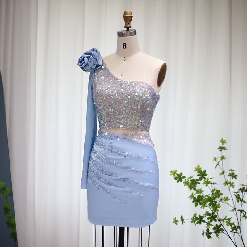 Sharon Said Luxury Sequin 3D Flower Blue Short Party Dresses One-Shoulder Black Girl African Cocktail Dress RM006