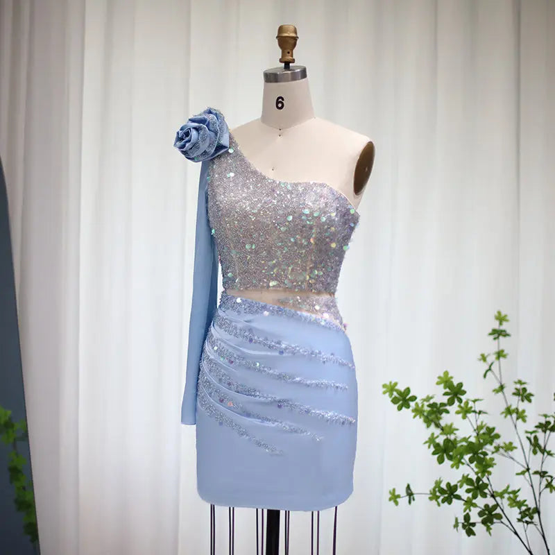 Luxury Sequin 3D Flower Blue Short Cocktail Party Dress RM006 