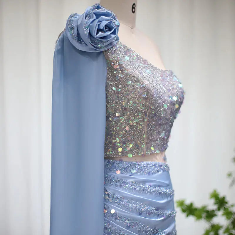 Luxury Sequin 3D Flower Blue Short Cocktail Party Dress RM006 