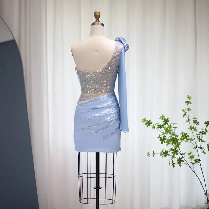 Luxury Sequin 3D Flower Blue Short Cocktail Party Dress RM006 