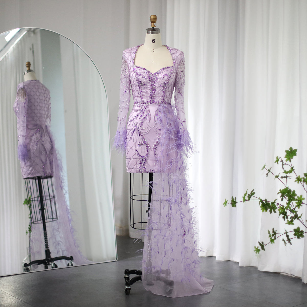 Sharon Said Luxury Dubai Lilac Short Evening Dresses with Feathers OverSkirt Arabic Coral Mini Cocktail Party Prom Dress SS355