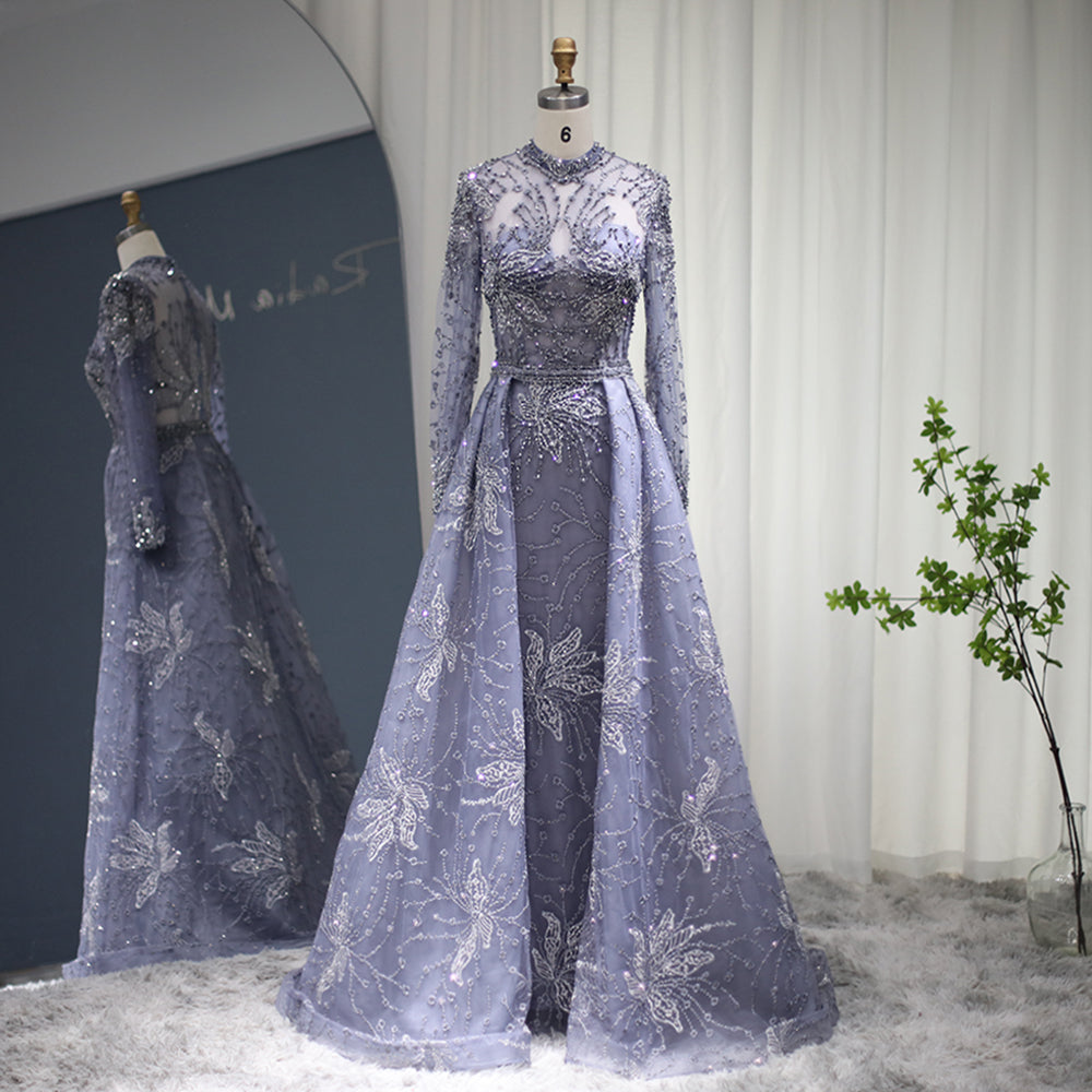 Sharon Said Luxury Blue Muslim Evening Dress with Overskirt Long Sleeve Burgundy Elegant Dubai Formal Dresses for Wedding SS038