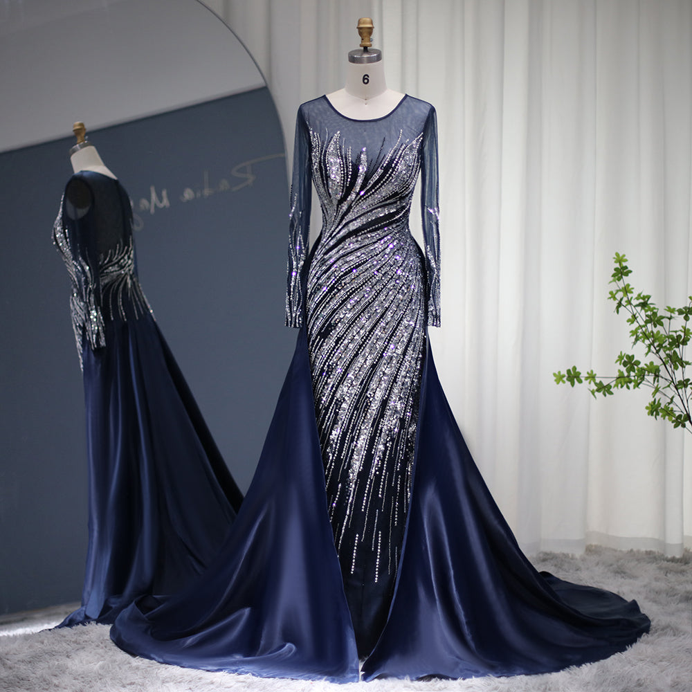 Sharon Said Elegant Navy Blue Mermaid Arabic Evening Dresses 2024 Luxury Dubai Overskirt Long Sleeve Wedding Formal Guest Partys