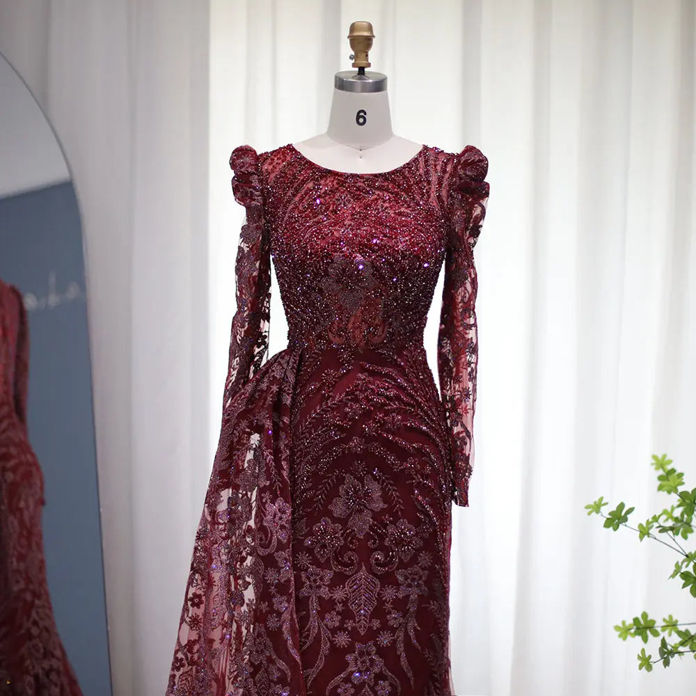 Luxury Burgundy Long Sleeves Evening Dress with Overskirt SS127 Luxury Burgundy Long Sleeves Evening Dress with Overskirt SS127
