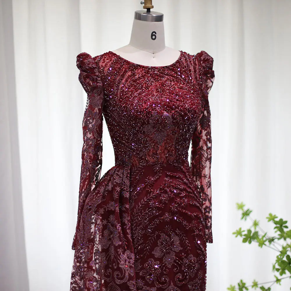 Luxury Burgundy Long Sleeves Evening Dress with Overskirt SS127 Luxury Burgundy Long Sleeves Evening Dress with Overskirt SS127