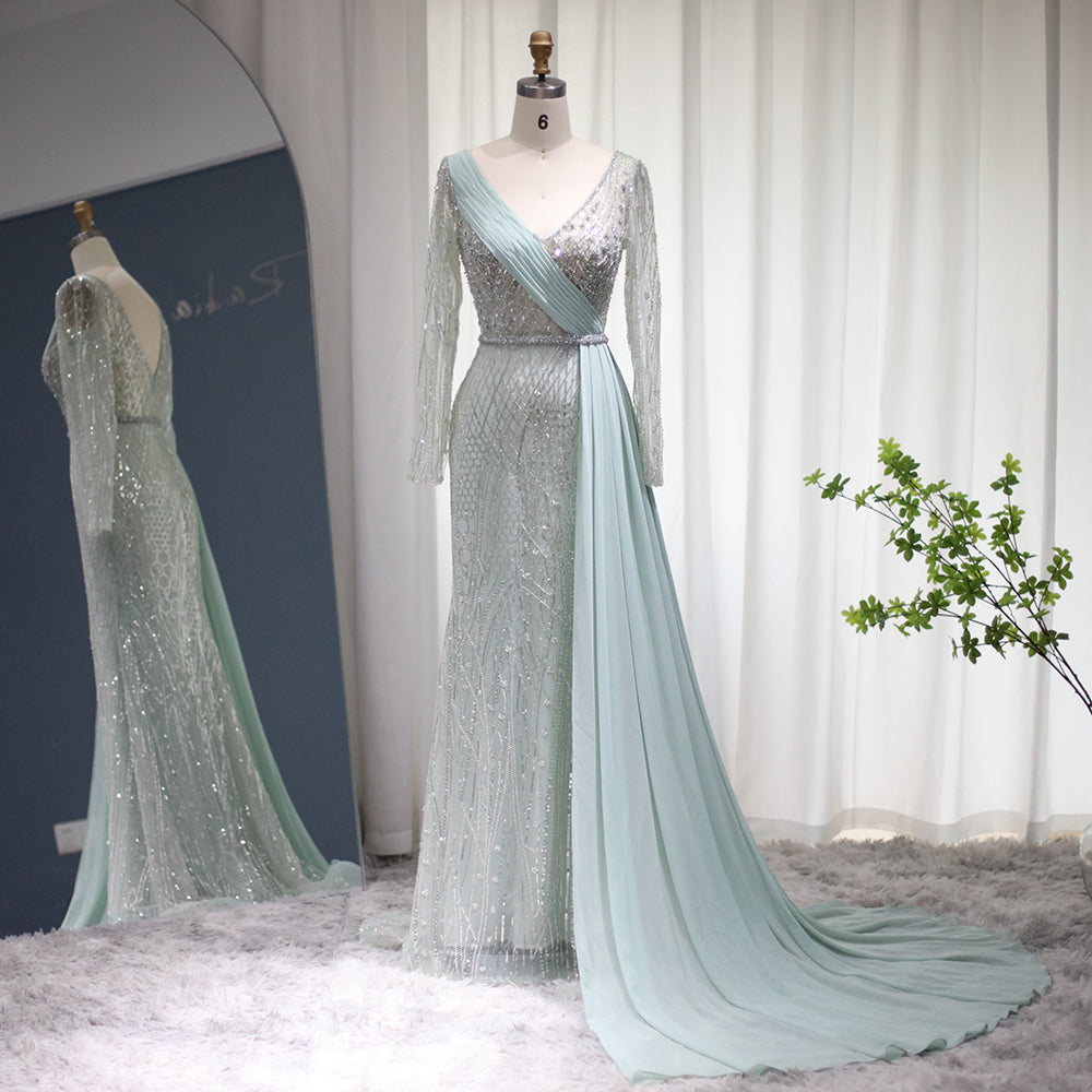 Sharon Said Luxury Dubai Aqua Mermaid Evening Dress Chiffon Overskirt Long Sleeves Plus Size Formal Dresses for Women Wedding SS132