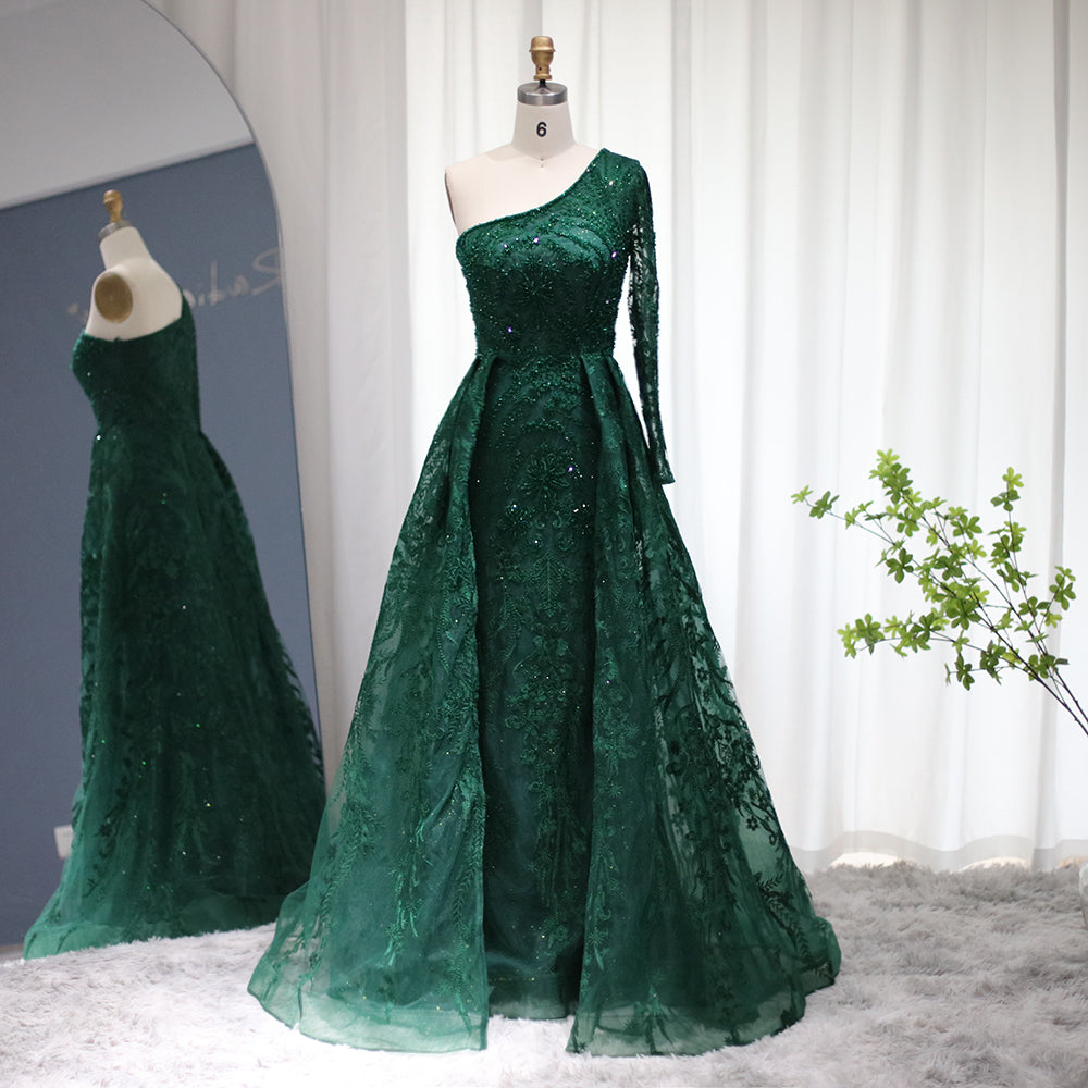 For Sale Emerald Green One Shoulder Mermaid Evening Dress Overskirt SS133