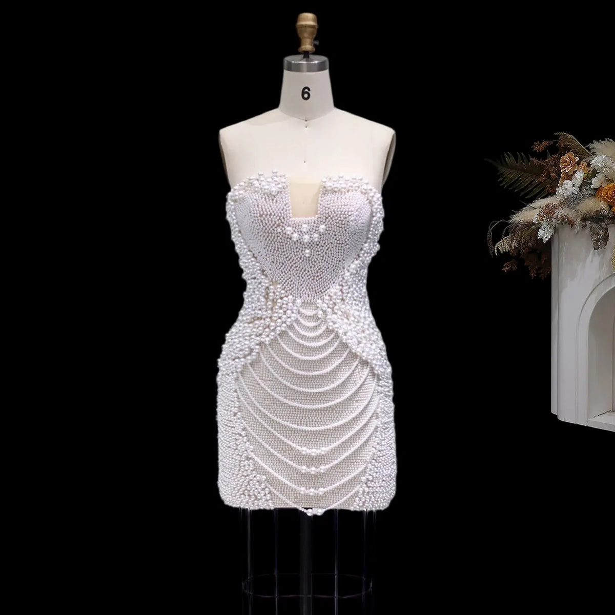 Luxury Pearls Tassels Strapless Cocktail Party Dress RM029