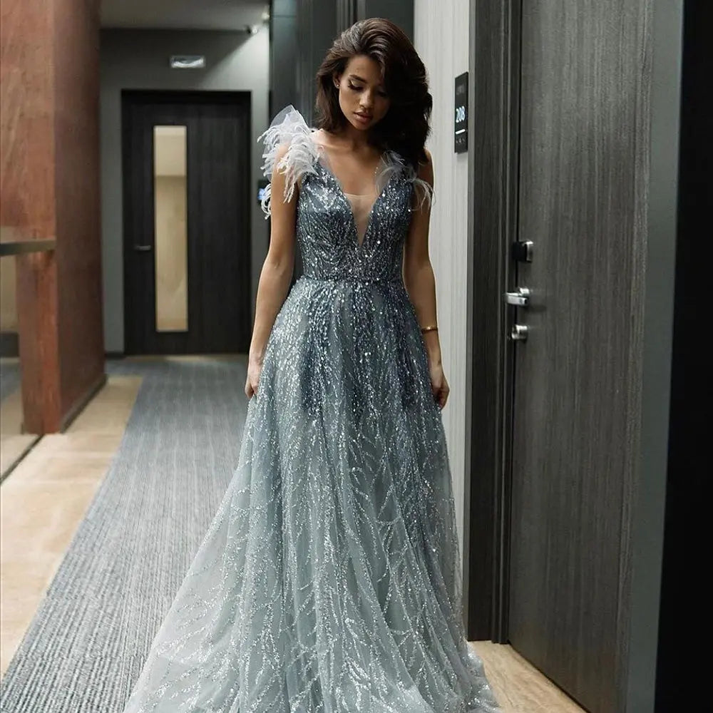 Final Sale Luxury V-Neck Beaded Blue Feathers Evening Dress SS335