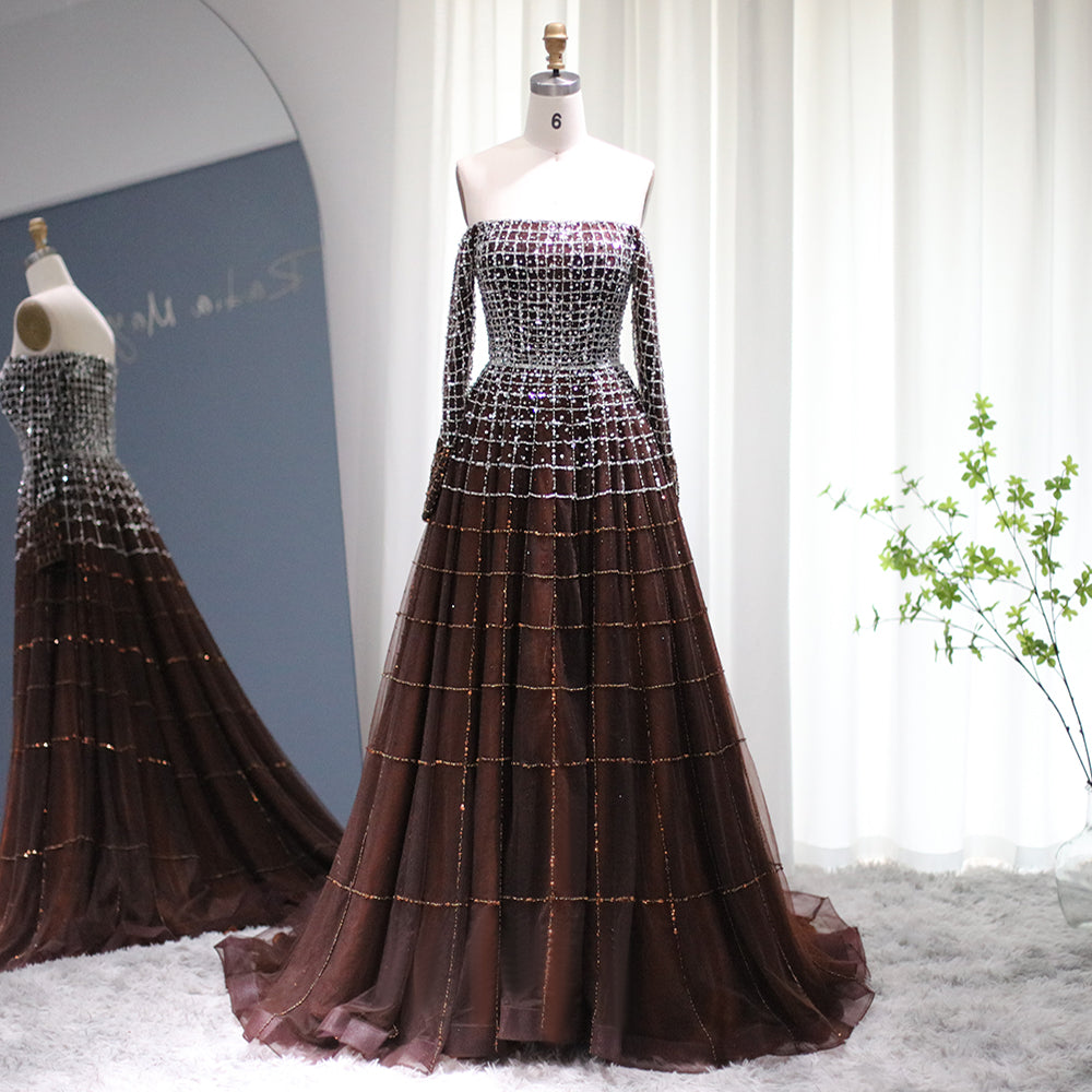 Sharon Said Luxus Dubai Off Schulter Braun Abendkleid Langarm Elegante Arabische Frauen Hochzeit Party Formale Kleider SS022