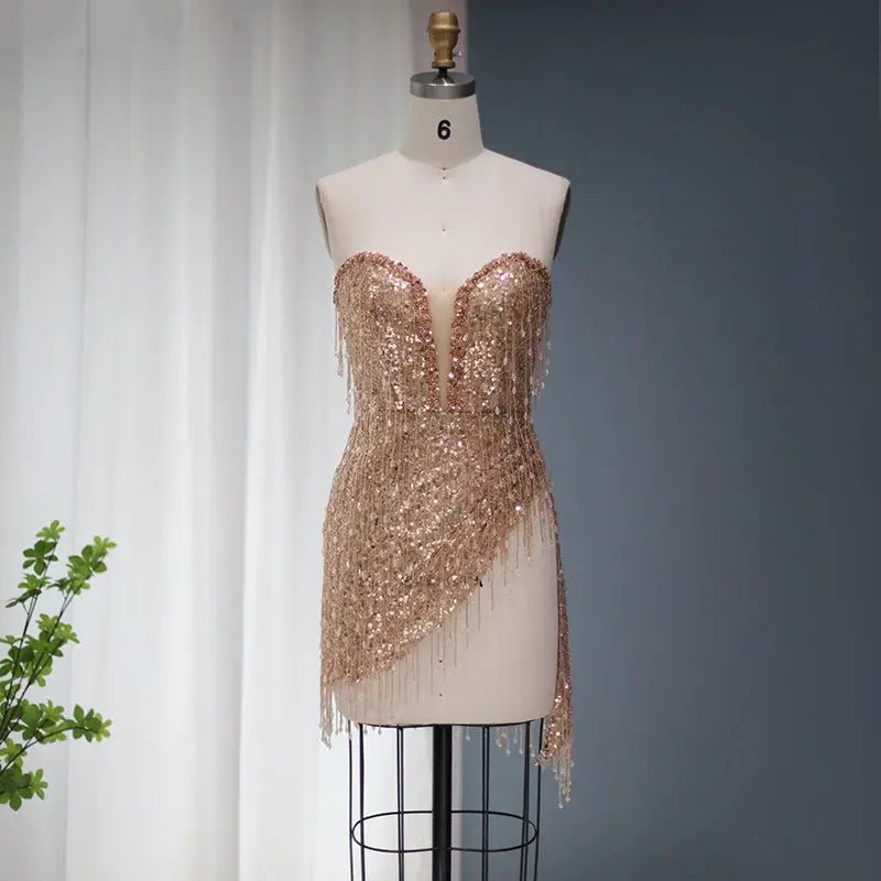 Luxury Tassel High Slit Strapless Short Cocktail Party Dress RM044 Luxury Tassel High Slit Strapless Short Cocktail Party Dress RM044