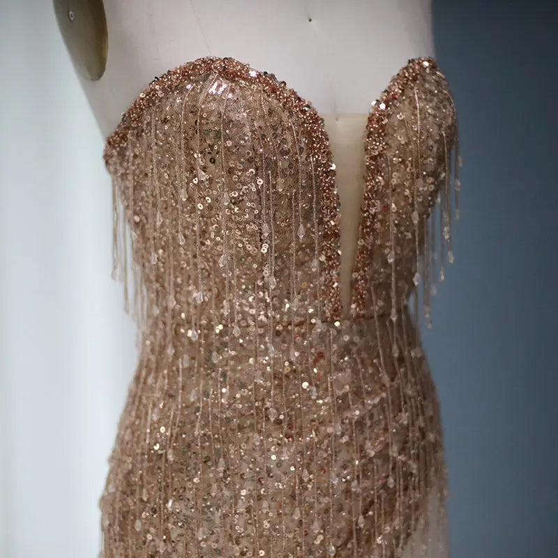 strapless sequin tassel corset dress Faeriesty Charming Strapless Sequin Patchwork Tassel Evening Gown, With Corset-Style Bodice Party Wedding