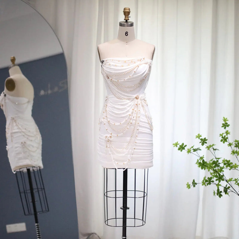 Luxury White Pearls Tassel Short Cocktail Party Dress RM035 