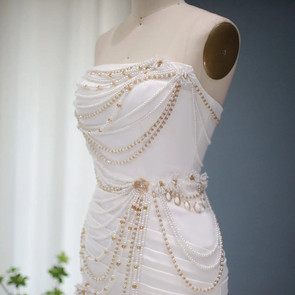 Luxury White Pearls Tassel Short Cocktail Party Dress RM035 Luxury White Pearls Tassel Short Cocktail Party Dress RM035