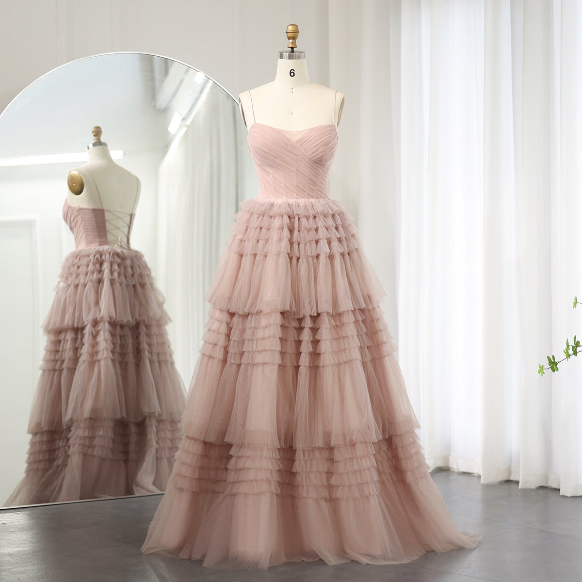 Sharon Said Elegant Pink Tiered Puffy Evening Dresses Sexy Spaghetti Straps Lace-up Long Women Wedding Party Gowns SS245