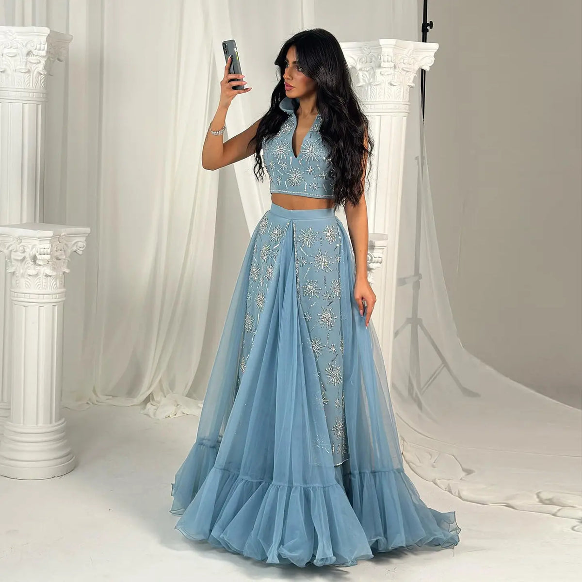Luxury Blue Beaded 2 pieces Evening Dress with ruffles SS597 