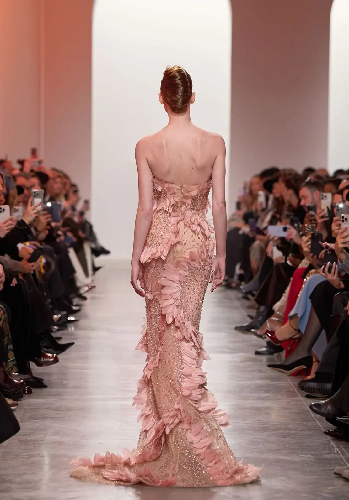 Luxury Pink Off-the-Shoulder Feather Applique Mermaid Evening Dress SS258 