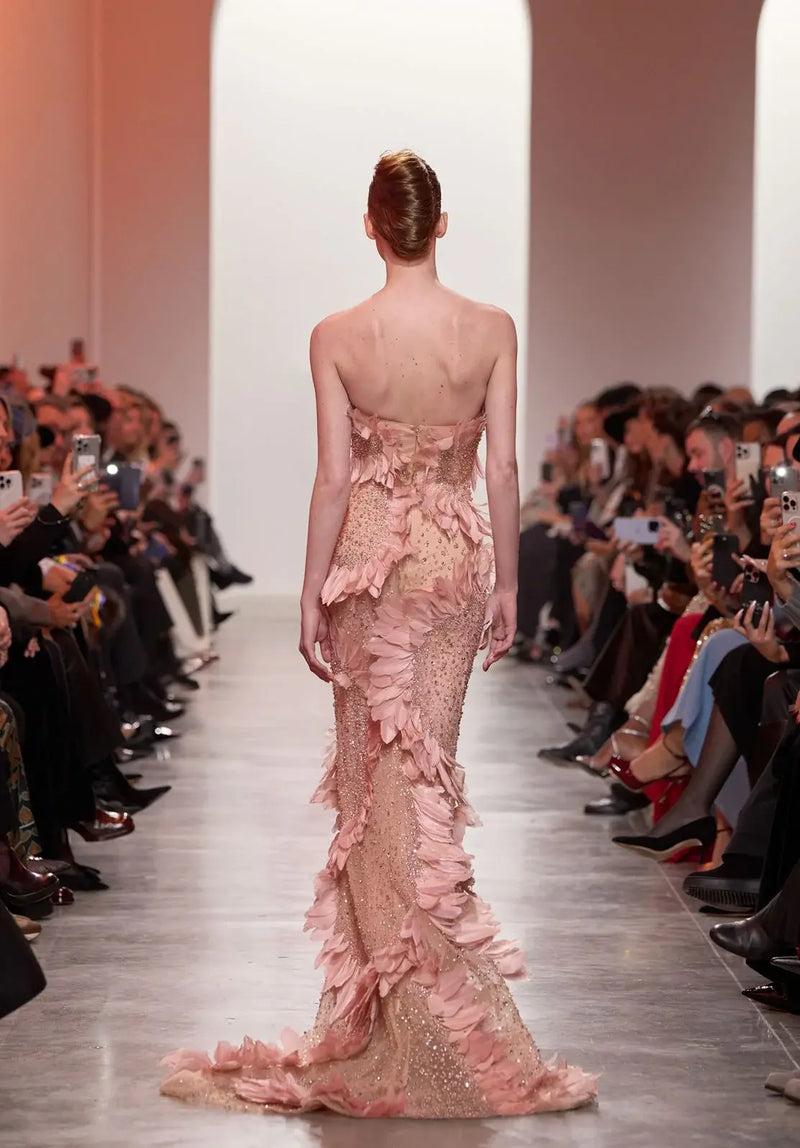 Luxury Pink Off-the-Shoulder Feather Applique Mermaid Evening Dress SS258 