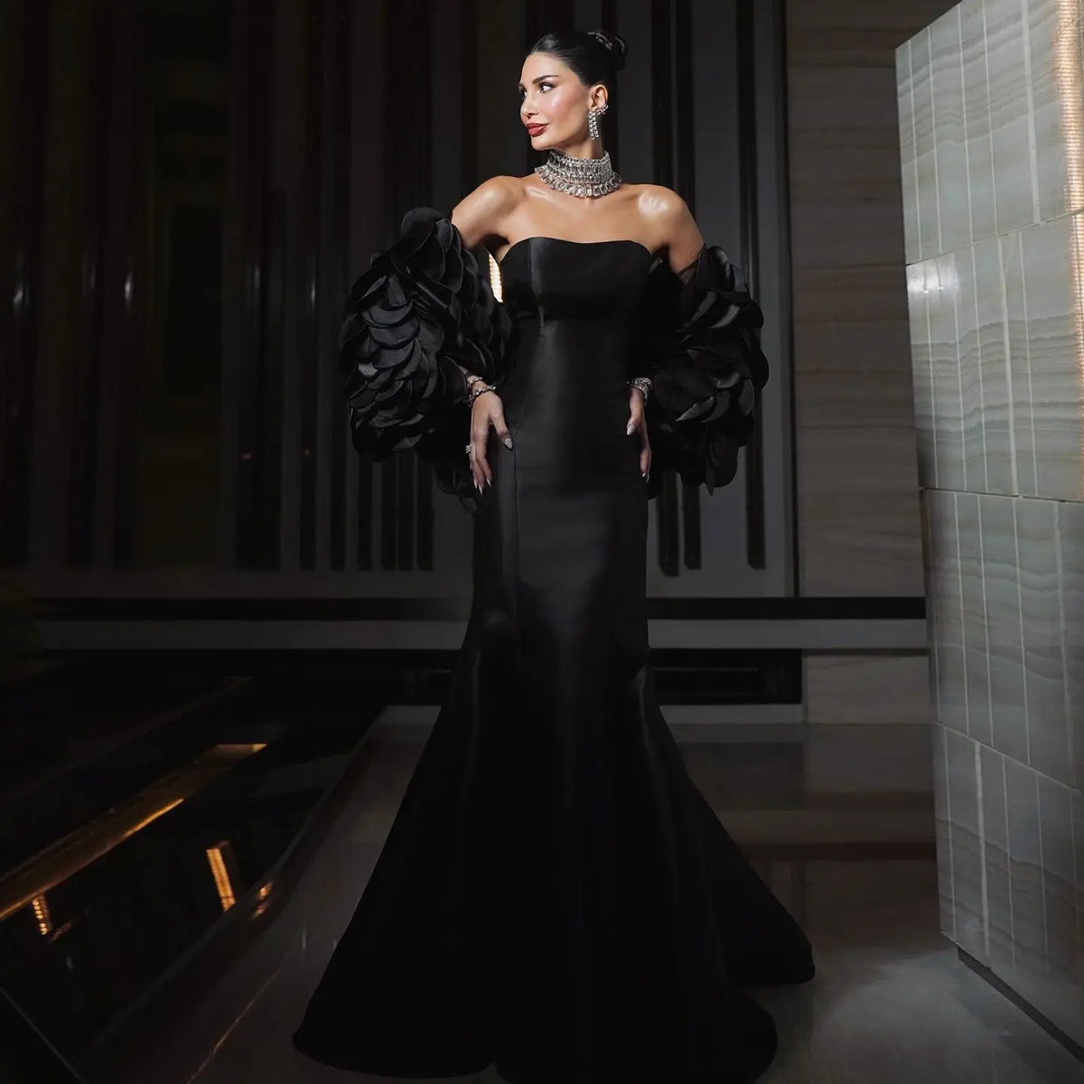 Luxury Black Strapless Mermaid Evening Dress with Petal Overlay SF 588