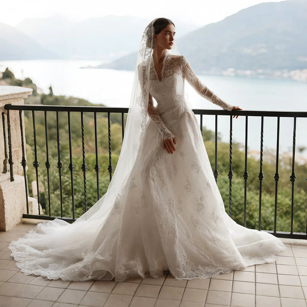 white lace long sleeve wedding dress KissProm Boho Flowy A-Line V-Neck Beach Gown with Split Front and Sweep Train, Diamond / 6 Her fit and flare silhouette celebrates the figure Elegant White Lace High Neck