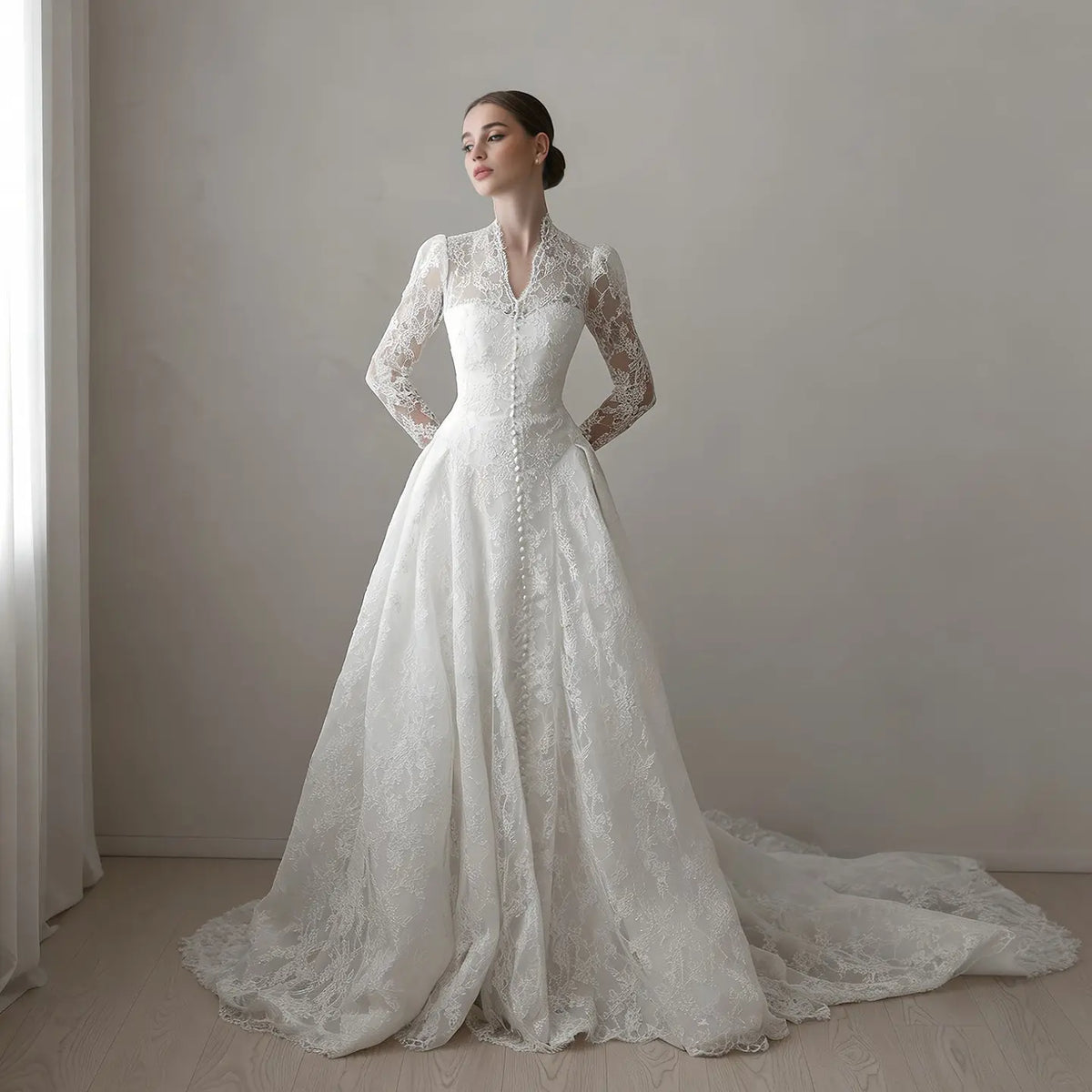 Vintage Lace High Neck Long Sleeve A-Line Wedding Dress with Train SW272 