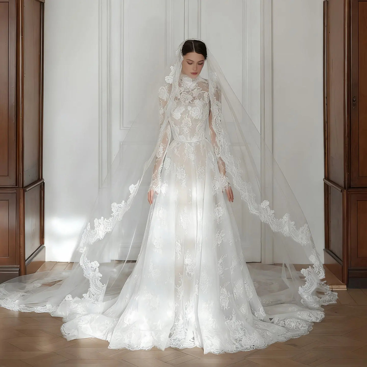 Regal Lace High Neck Long Sleeve Wedding Dress with Cathedral Veil SW277 