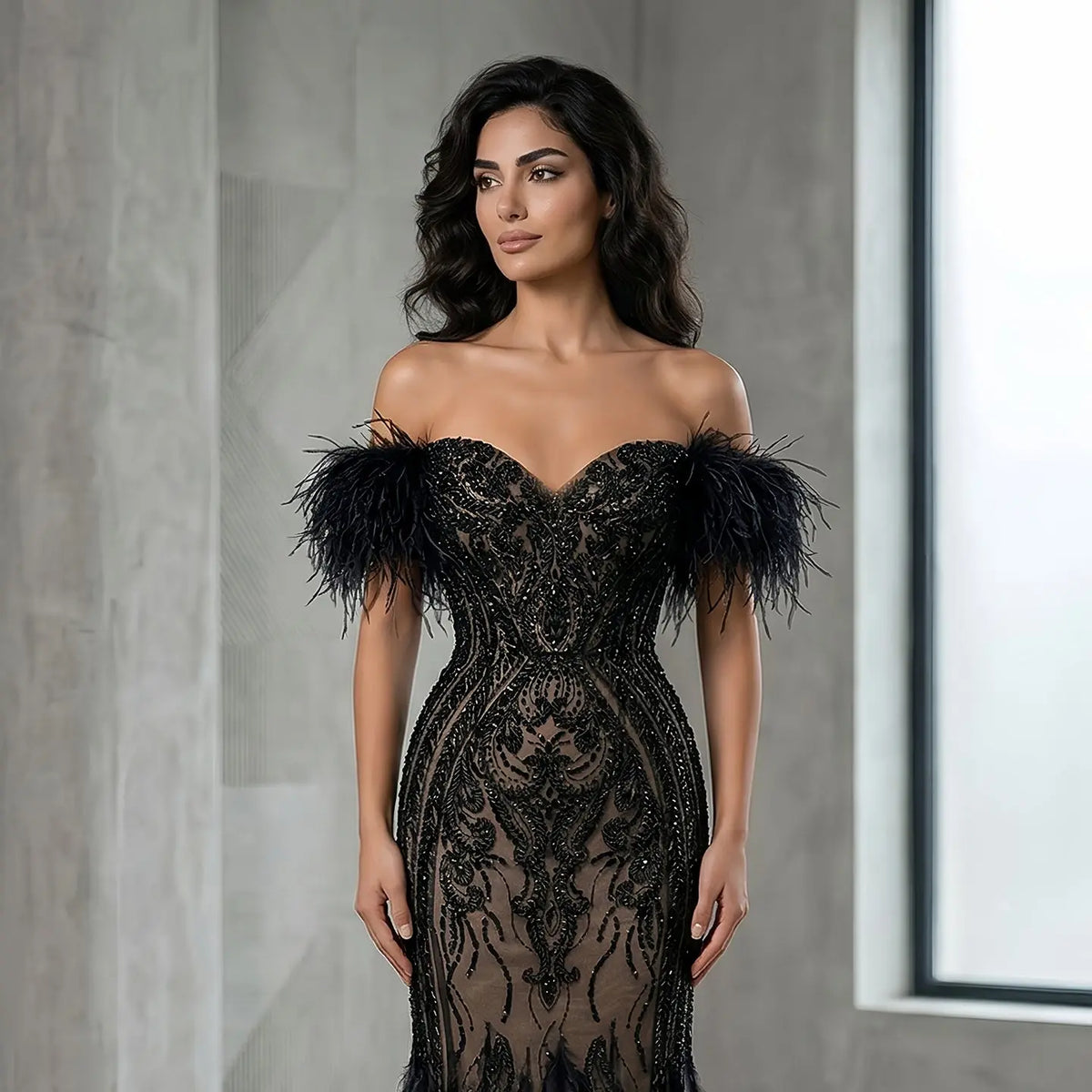 Glamorous Black Beaded Off-the-Shoulder Feather Mermaid Evening Dress SS792