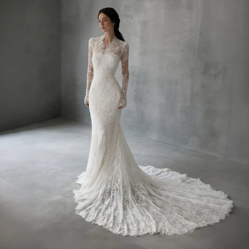 Elegant Lace High Neck Long Sleeve Train Mermaid Wedding Dress with Veil SW274 