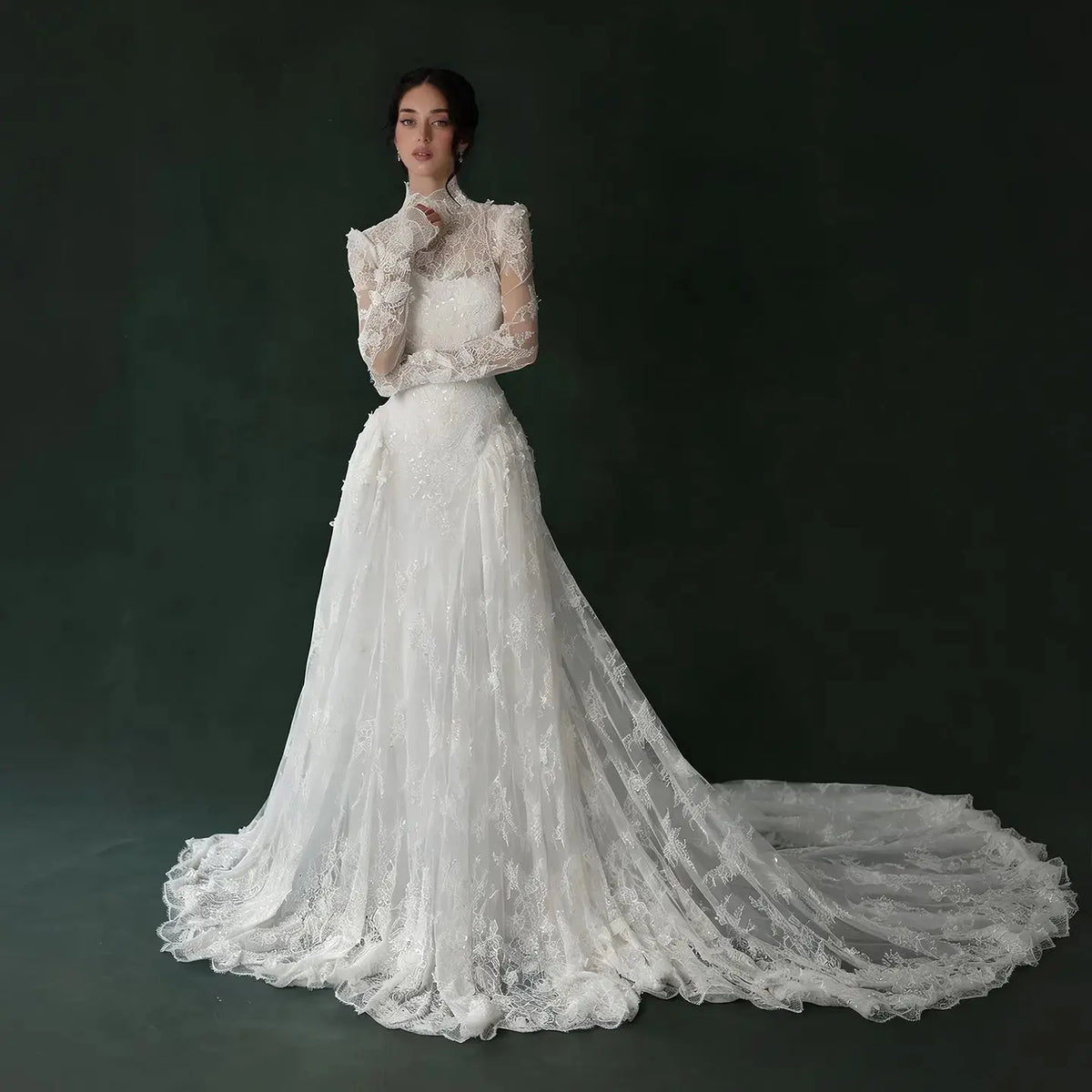 Classic Lace High Neck Long Sleeve A-Line Wedding Dress with Veil SW275 