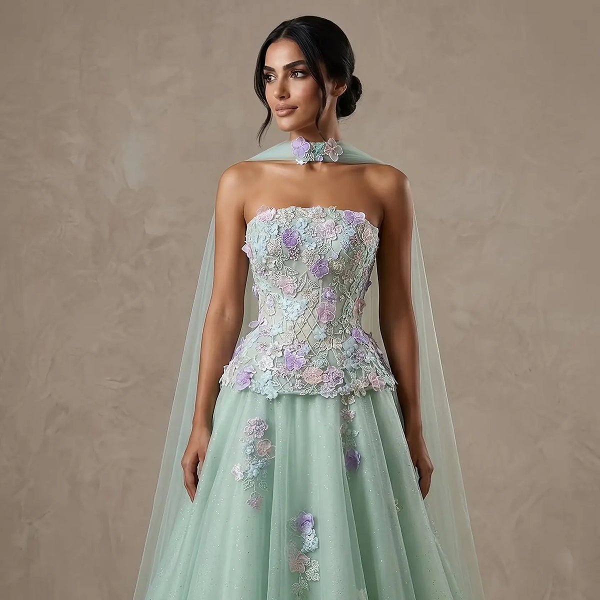 Luxury Sage Green Floral Applique Evening Dress with Scarf SS755 SHARONSAID Luxury Sage Green Floral Applique Evening Dress with Scarf SS755 SHARONSAID